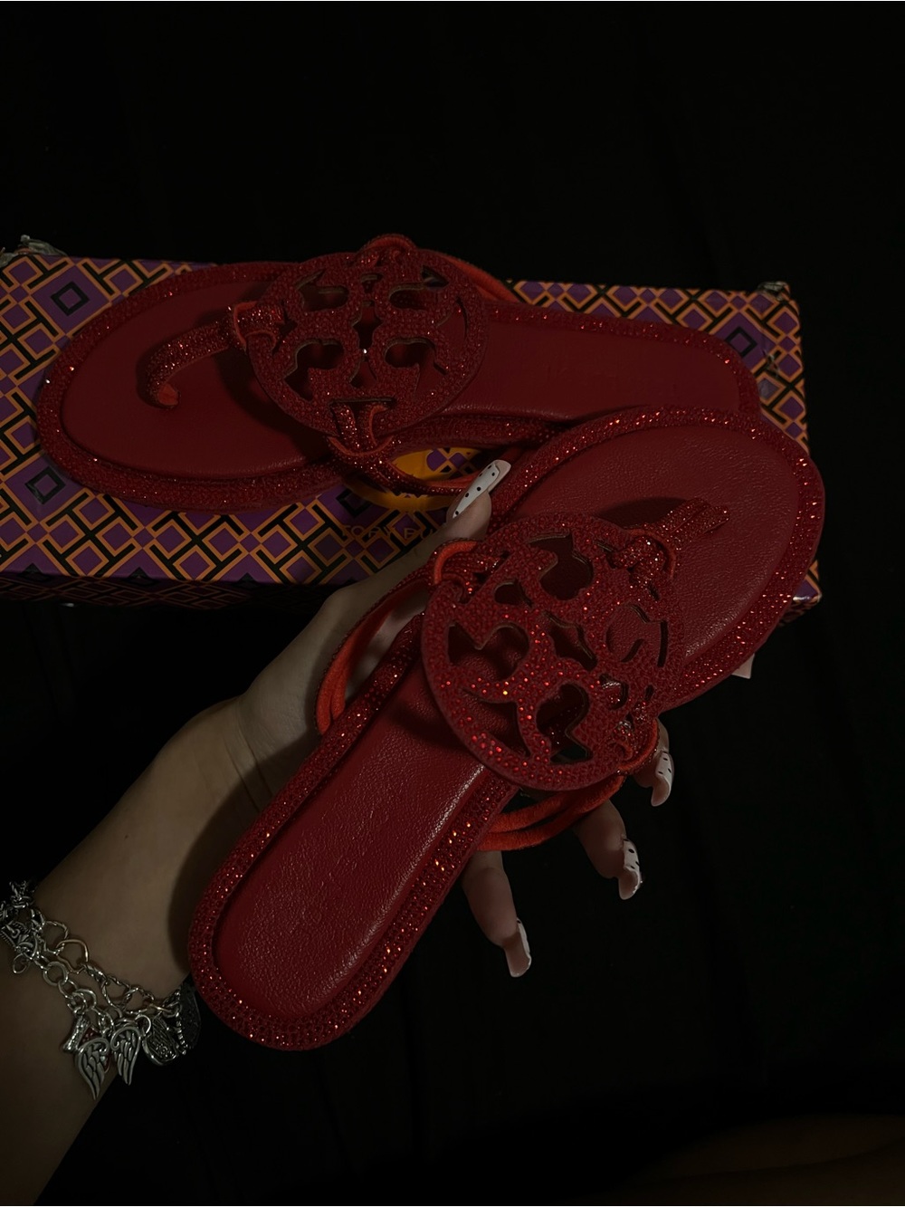 Tory Burch Red Glitter Logo Thong Sandals